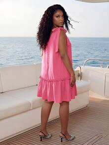 Slaydiva Plus Size Women Solid Color Shoulder Knot Ruffle Hem Casual Sleeveless Dress Vacation Pastel Pink Summer - Hot Pink - View 2