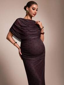 MaterniChic Elegant Polka Dot Print Fitted Maternity Dress - Mocha Brown - View 3