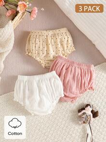 SHEIN 3件套新生女宝宝可爱柔软小裤子套装，采用精选棉质泡泡绉纱面料，粉色、黄色波点和米色可选，配有弹性腰带和荷叶边裤脚，适合拍照、搭配服装以及春夏休闲穿着，专为0-9个月的女宝宝设计。 - 彩色 - 查看 8