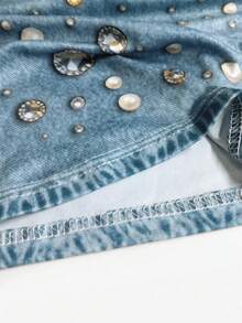 SHEIN PETITE 2026 Novo Conjunto de 2 Peças com Regata de Gola Redonda Sem Mangas com Estampa Falsa 3D de Denim + Saia com Estampa Falsa de Denim, Roupa Artesanal com Contas, Conjunto Casual Azul de 2 Peças, Estampa Falsa de Denim, Casual de Rua, Estilo Vintage Americano, Adequado para Uso Diário, Passeios Casuais, Férias, Looks de Verão, Ajuste Emagrecedor Primavera/Verão - Multicolorido - Visão 4