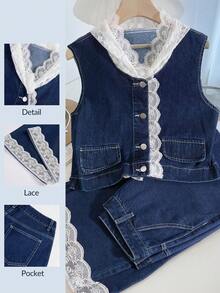 GlowEve CURVE Plus Size Women's Spring/Summer Single-Breasted Lace Patchwork Hooded Vest Jacket Button Pocket Long Pants Denim Two Pieces Set Navy Blue Casual - Dark Wash - View 1