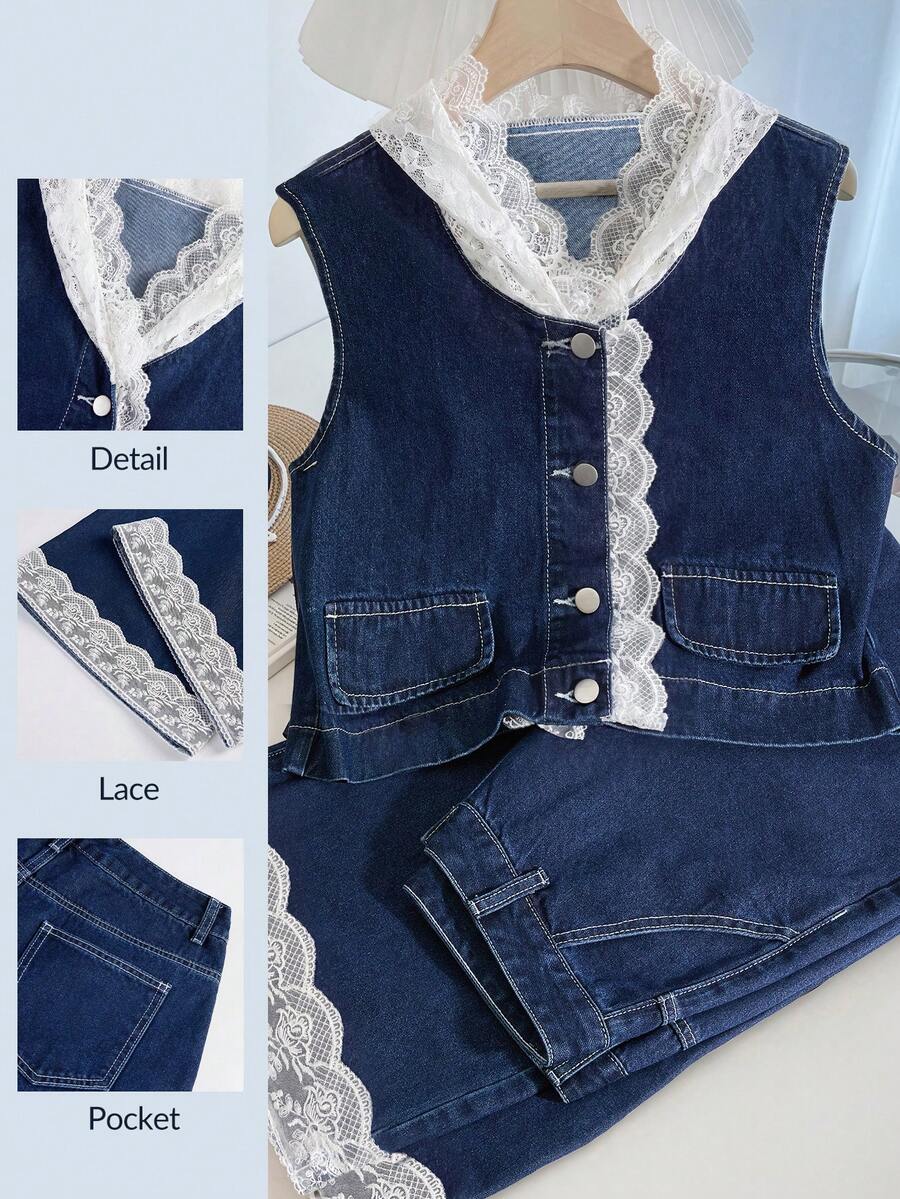 GlowEve CURVE Plus Size Women's Spring/Summer Single-Breasted Lace Patchwork Hooded Vest Jacket Button Pocket Long Pants Denim Two Pieces Set Navy Blue Casual - Dark Wash - View 1