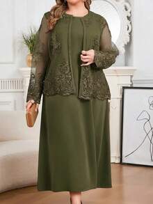 Modelyn 大尺碼優雅刺繡網紗上衣與洋裝兩件套 - 軍綠色 - 查看 7