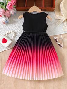 SHEIN Gaun Tanpa Lengan dengan Detail Lipatan dan Blok Warna Gradien untuk Anak Perempuan, Gaun Musim Panas yang Elegan untuk Anak Perempuan, Gaun Ulang Tahun yang Cocok untuk Anak Perempuan. - MultiWarna - View 2