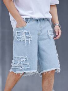 Manfinity Roghcode Men's Plus Size Casual Bermuda Denim Shorts With Pockets And Frayed Hem - Blue - View 3