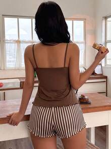 SHEIN 可愛熊圖案細肩帶背心 + 條紋短褲女款睡衣套裝 - 彩色 - 查看 2