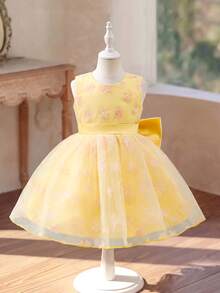 SHEIN Glamorique Kids 黃色女嬰無袖公主洋裝，背面可拆卸緞面蝴蝶結，柔軟薄紗面料配3D花卉刺繡，適合嬰兒生日派對、週歲宴、家庭聚會、婚禮、日常出遊、拍照、夏季洋裝、畢業舞會禮服 - 黃色 - 查看 5