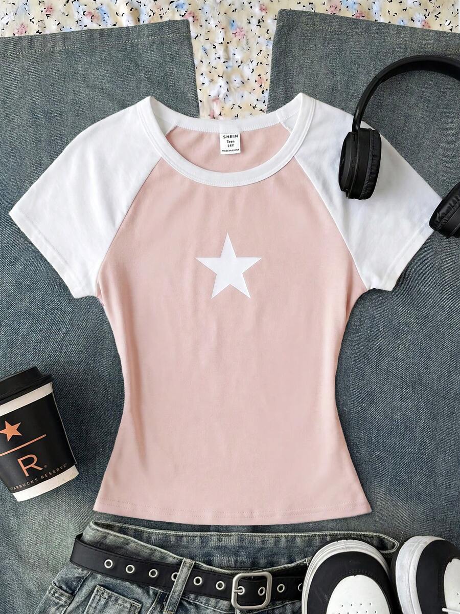 SHEIN 青少年女孩短袖拼接撞色星星印花彈性修身T恤 - 粉色 - 查看 1