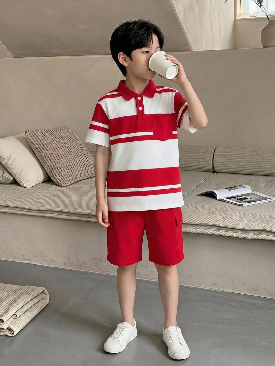 Casuvi Kids 男童休闲学院风白红条纹polo衫+红色梭织短裤套装(2件),适合夏季户外活动 - 紅色 - 查看 1