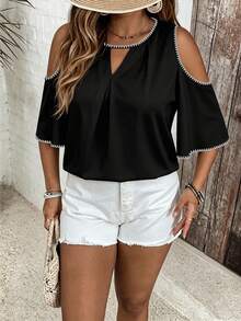 SHEIN VCAY Casual Shell Flower Craft Contrast Color Plus Size Black Shirt Suitable For Summer Black Top Music Festival Y2K - Multicolor - View 6