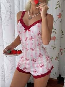 CottageSlumber Contrast Color Lace Backless Bow Print Spaghetti Strap Slim Fit Jacquard Women's Pajama Romper - Multicolor - View 4