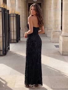 Vowa Elegant Formal Sexy Black Elastic Cut-Out Fabric Ruffle Decor High Slit Bodycon Dress Gala Dinner Evening Event Wedding Halloween Winter - Black - View 3