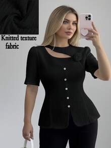 Modelyn Plus Size Women's Solid Color 3D Floral Decor Cutout Design Button Elegant Blouse Teachers' Day Office Black And White Summer - Black - View 1