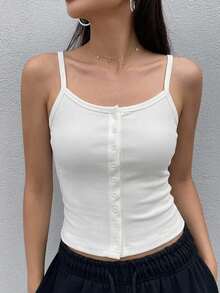 DAZY Top casual de verano de unicolor con botones delanteros y tirantes - Blanco - Ver 4