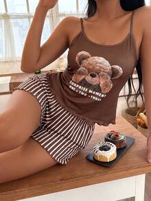 SHEIN 可愛熊圖案細肩帶背心 + 條紋短褲女款睡衣套裝 - 彩色 - 查看 5