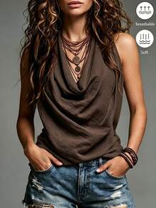 SHEIN Holidaya Elegant, Comfortable, And Breathable Halter-Neck Backless Top With A Textured Finish-Perfect For Summer Casual, Vacation, And Beach Wear. - Brown - View 2