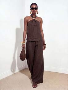 Zivah Spring/Summer Music Festival Easter St. Patrick's Day Valentine's Day Beach Vacation Sexy Jamaican Sleeveless Halter Neck Linen Shades Of Brown Pants - Brown - View 13