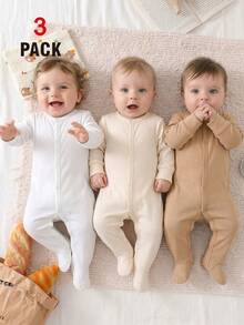 SHEIN Vintaside Kids 3 Pieces Set Newborn Baby Jumpsuit, Infant Boys & Girls Long Sleeve Footed Crawler Suit, Home Wear - Khaki - View 4