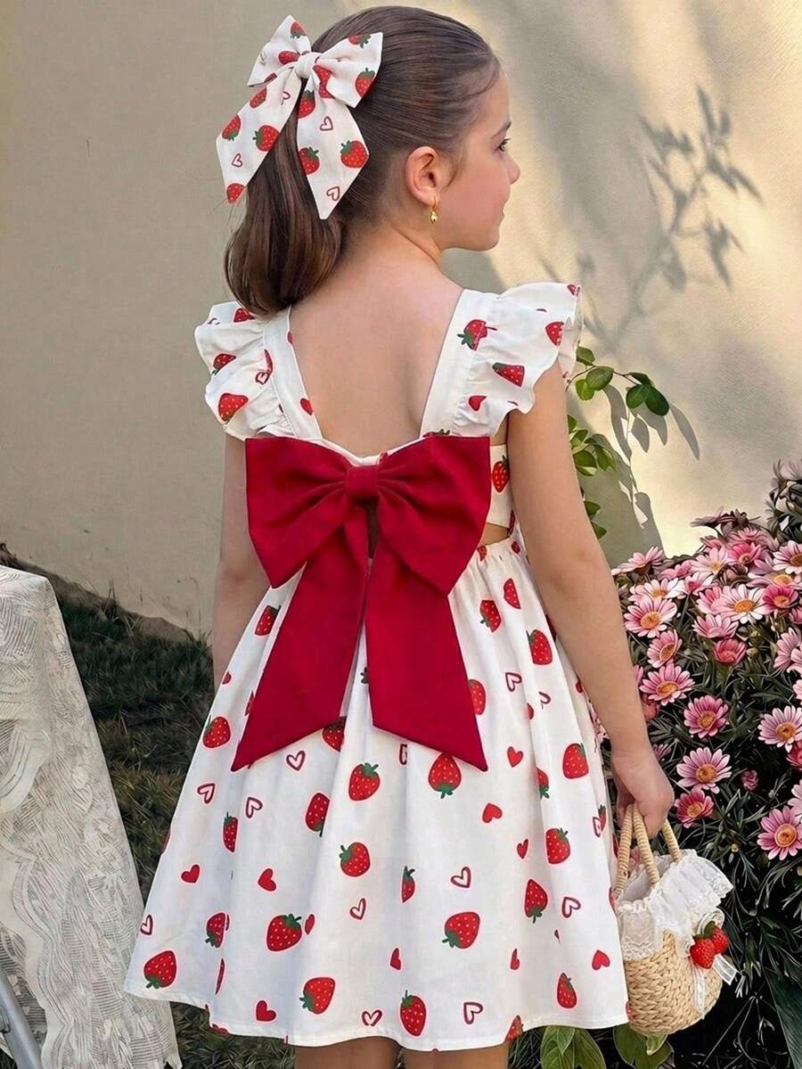 SHEIN LMoss Kids 少女草莓蝴蝶結印花細肩帶洋裝,適合春夏季度假 - 白色 - 查看 1