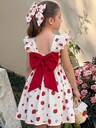 SHEIN LMoss Kids فستان كامي للفتيات الصغيرات بطبعة فراولة وعقدة فيونكة للربيع والصيف والعطلات
