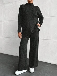 EURMUSE Maglione lavorato a maglia con collo alto e spalle scivolate, maniche lunghe, e pantaloni lunghi, completo casual da donna in due pezzi per autunno/inverno - nero - Visualizzare 6