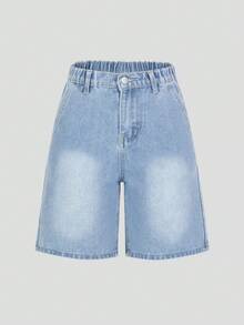 SHEIN 女童 Y2K 牛仔短褲，夏季新品，彈性腰頭設計，淺藍牛仔色，休閒百搭，寬鬆大腿膝蓋長度牛仔中短褲，舒適純棉牛仔布，適合學校、暑假、日常外出、居家、戶外等多種場合 - 淺色水洗藍 - 查看 5