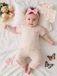 SHEIN Newborn Baby Girl Pink Black Fashion Set Short Sleeve Top With 3D Bow Cute Outfit For 0-9 M Babies - Beige - View 4