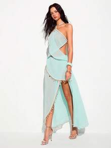 Barévion Women's Sexy Pendant Decor Backless Halter Neck Long Dress For Vacation Party Club Light Teal Summer - Mint Green - View 6