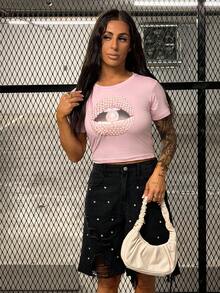 SAYEHFBABY Camiseta de manga corta con cuello redondo estilo Y2K, longitud regular, para todas las estaciones, con estampado de labios y perlas, para mujer casual de verano - Rosa Pálido - Ver 4