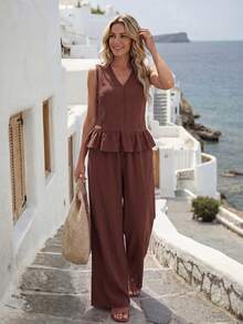 Faunlyn Casual Tropical Linen Solid Color Single-Breasted Vest And Pants Set Vacation Coffee Brown Summer - Blue - View 7