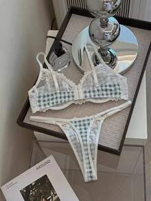 SHEIN MOD 2pcs/Set Fashionable Plaid & Lace Patchwork Lingerie Set For Girls - Multicolor - View 2