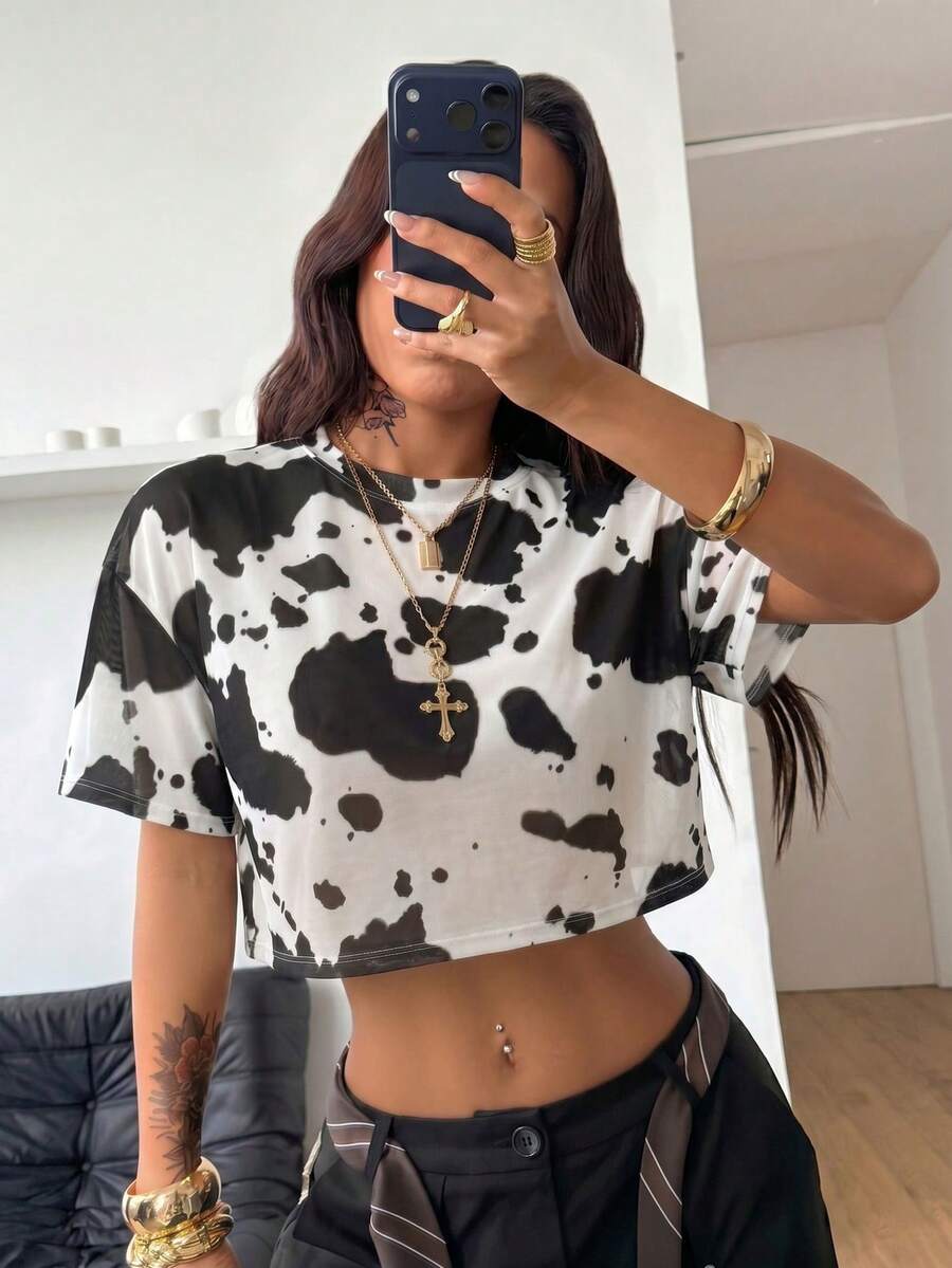 Coolane 女款印花圓領落肩短袖短版上衣
