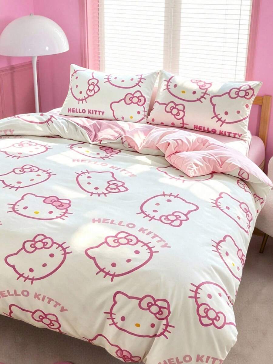 HELLO KITTY AND FRIENDS | SHEIN 3件組可愛卡通印花被套組,磨毛材質,柔軟保暖,多尺寸可選,適用單人床/雙人床/加大雙人床/特大雙人床 - 淺粉色 - 查看 1