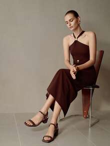 1 Pair New Brown Suede Square Toe Party Chunky Heel Sandals, Summer Buckle Open Toe Versatile Sexy Slim Strap Retro Mid-Heel Commuting Women Shoes - Brown - View 2