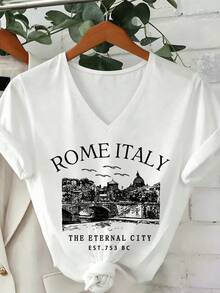 Women's Roman Italian Architecture Hand-Painted Landscape V-Neck Short Sleeve T-Shirt, Suitable For Daily Casual, Travel And Outdoor Wear - White - View 3