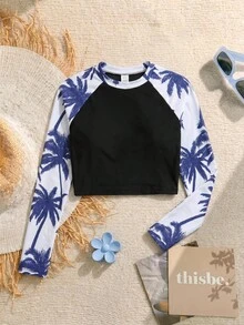 SHEIN 少女插肩袖热带植物印花上衣和短裤泳装套装，青少年两件套泳衣，款式保守，长袖泳衣上衣，青少年两件套泳装，青少年两件套泳衣 - 彩色 - 查看 4
