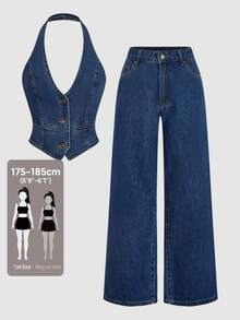 SHEIN Tall 高個女性夏季時尚優雅牛仔套裝 - 深色水洗藍 - 查看 1