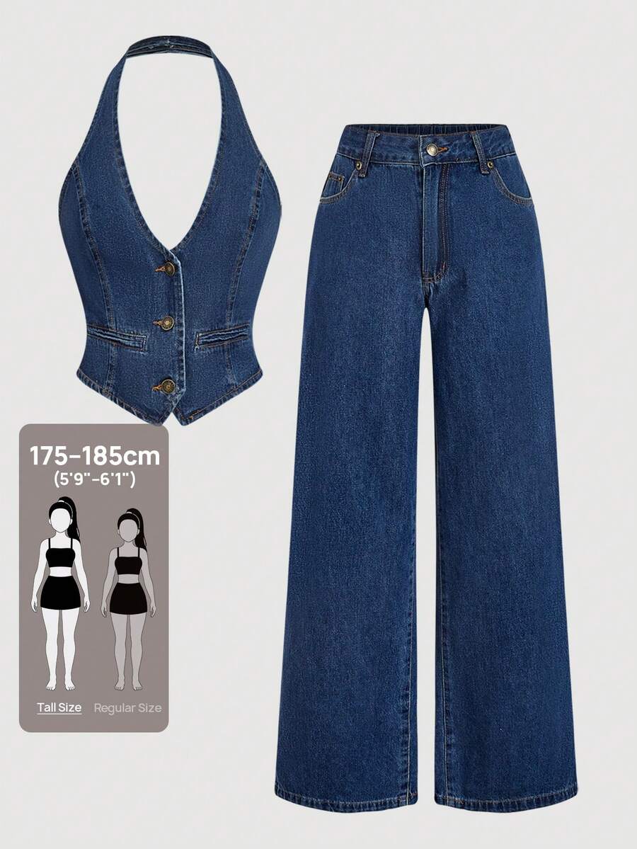 SHEIN Tall 高個女性夏季時尚優雅牛仔套裝 - 深色水洗藍 - 查看 1