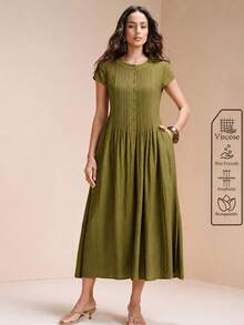 Arave Women's Woven Rayon Fabric Small Round Neck Regular Shoulder Short Sleeve Waist-Defining Striped Full Button Decor Design Casual Long Dress - Olive Green - View 5