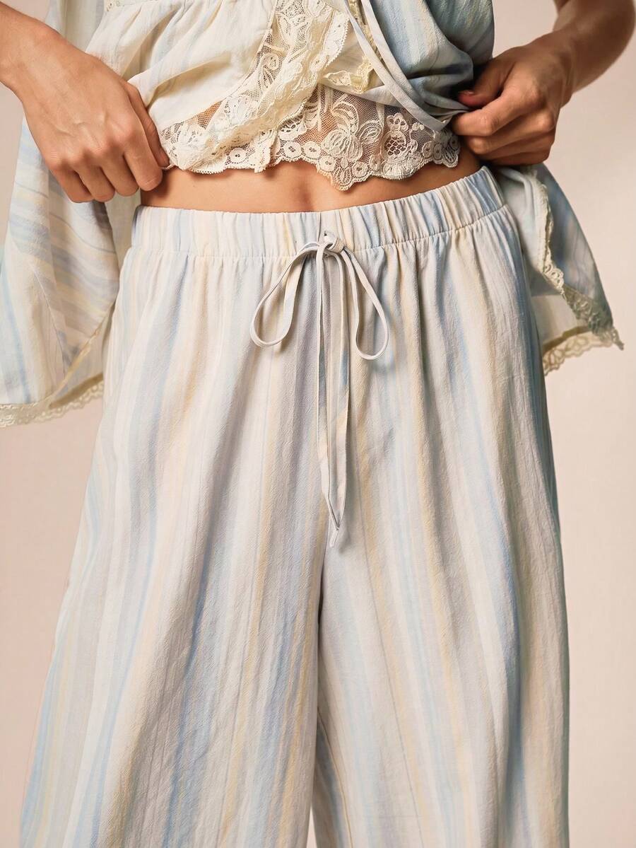 Willow Rêve Women's Striped Beige Romantic Bohemian Low Waist Wide Leg Pants, Boho Style, Romantic Vacation Style - Beige - View 1