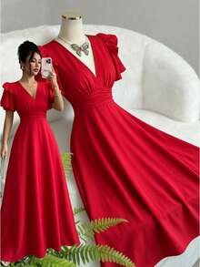 SHEIN Elenzya New Vintage Spring/Summer French Elegant Fashion Vacation Design V-Neck Double Layer Ruffle Sleeve Cinched Waist A-Line Long Dress, Casual Daily Wear, Suitable For Beach, Designed For Women - Burgundy - View 1