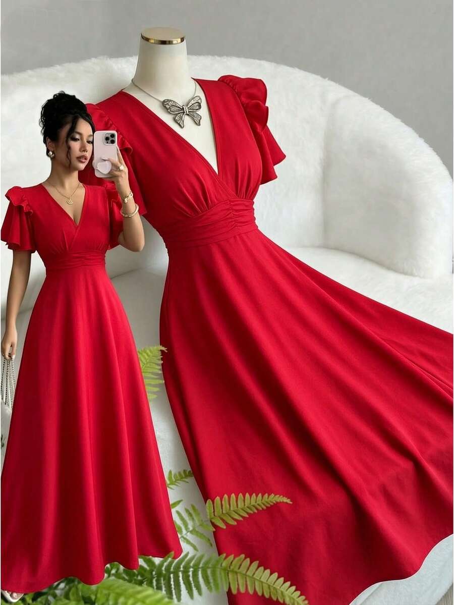 SHEIN Elenzya New Vintage Spring/Summer French Elegant Fashion Vacation Design V-Neck Double Layer Ruffle Sleeve Cinched Waist A-Line Long Dress, Casual Daily Wear, Suitable For Beach, Designed For Women - Burgundy - View 1