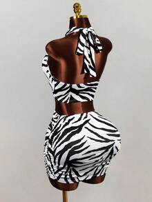 Mistrie Women's White And Black Zebra Print Halter Neck Set Backless Cropped Tank Top Bodycon Mini Skirt 2 Pieces Set Sexy Club Night Out Summer Party - Multicolor - View 3