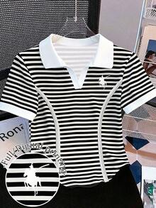 Resyla Women's Fashion Casual Striped Print Collared V-Neck Short Sleeve T-Shirt - Black and White - View 1