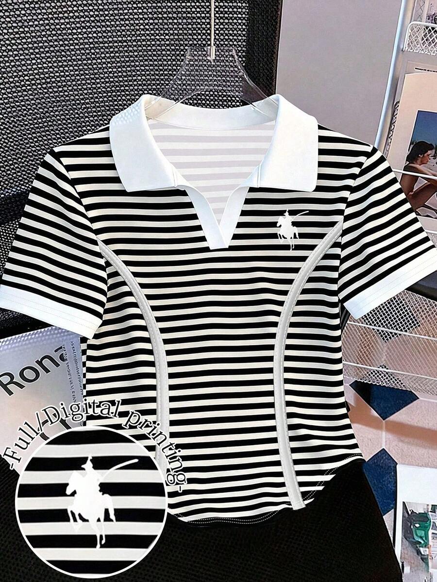 Resyla Women's Fashion Casual Striped Print Collared V-Neck Short Sleeve T-Shirt - Black and White - View 1