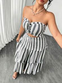 Elenzga Plus Size Elegant Striped Strapless Dress Beach Black And White Summer - Black and White - View 3