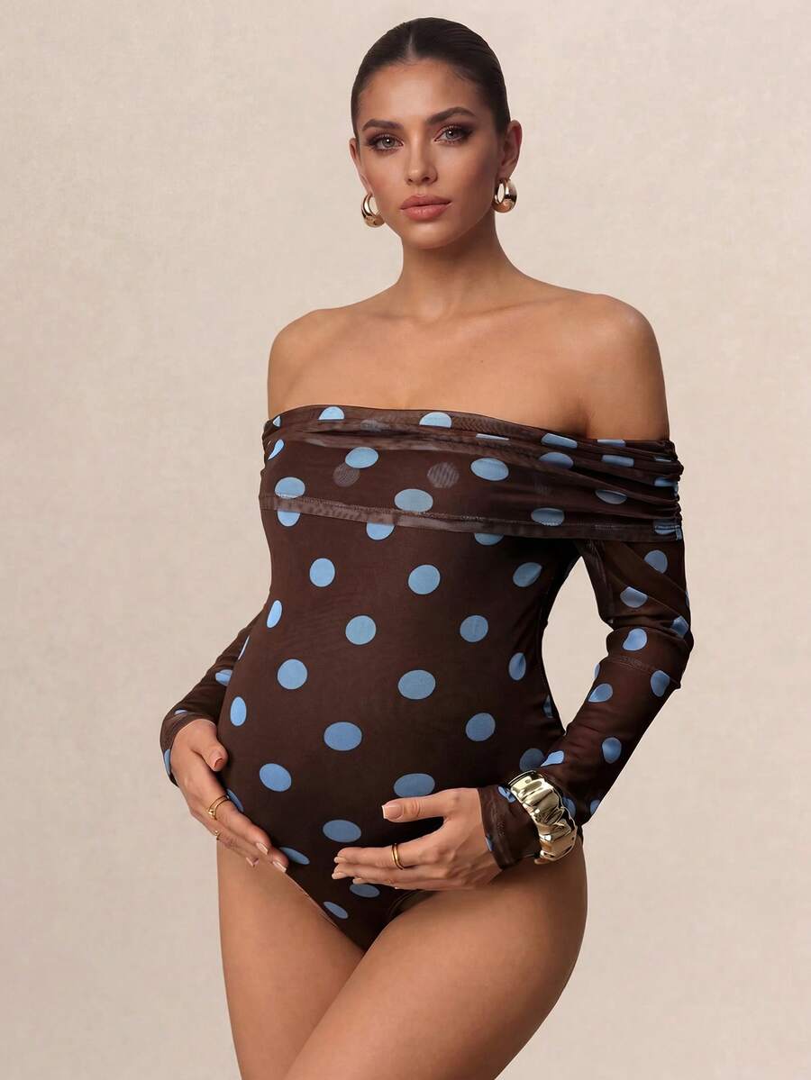 MaterniChic 孕婦夏季復古圓點印花露肩抓皺長袖連身褲 - 棕色 - 查看 1