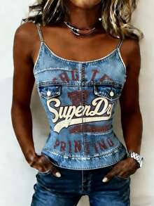 EMERY ROSE Nueva llegada Camiseta corta de ajuste ceñido con efecto de letra retro y estampado de denim para mujeres - Azul - Ver 4