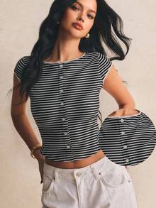 Poéselle 女款夏季休閒條紋前開扣修身T恤 - 黑色 - 查看 1