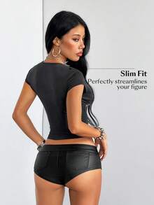 SHEIN ICON 女款鉚釘裝飾休閒百搭日常出遊針織牛仔短袖上衣 - 黑色 - 查看 3